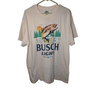 Busch Light Fishing Graphic Tee Mens Large Cream Trout Beer Shirt Hybrid Apparel